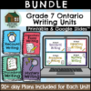 Grade 7 Writing unit resource by Teacher Resource Cabin. Image shows that worksheets and Google Slides are included to support instruction.